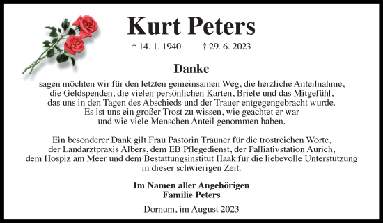 Traueranzeige von Kurt Peters von Ostfriesischer Kurier