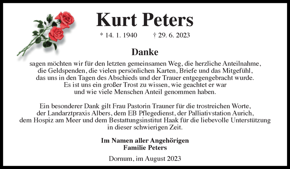  Traueranzeige für Kurt Peters vom 26.08.2023 aus Ostfriesischer Kurier