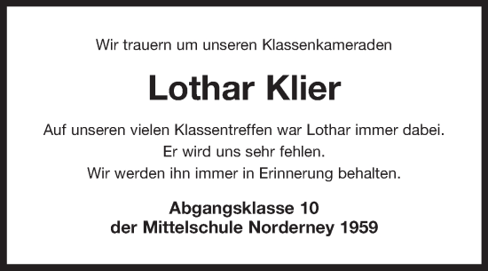 Traueranzeige von Lothar Klier von Ostfriesischer Kurier