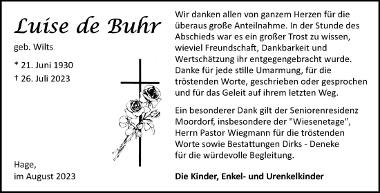 Traueranzeige von Luise de Buhr von Ostfriesischer Kurier