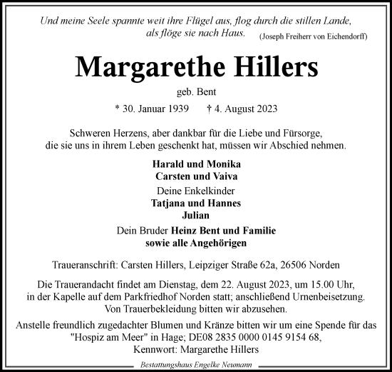 Traueranzeige von Margarethe Hillers von Ostfriesischer Kurier