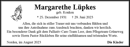 Traueranzeige von Margarethe Lüpkes von Ostfriesischer Kurier