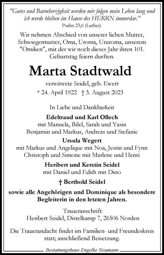 Traueranzeige von Marta Stadtwald von Ostfriesischer Kurier