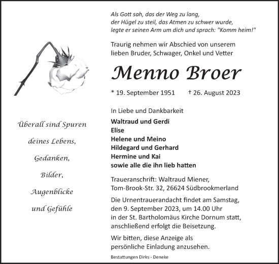 Traueranzeige von Menno Broer von Ostfriesischer Kurier