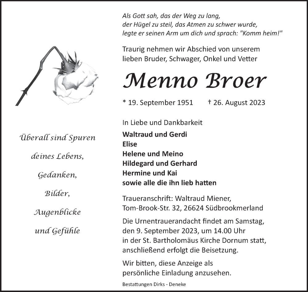  Traueranzeige für Menno Broer vom 30.08.2023 aus Ostfriesischer Kurier