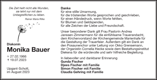 Traueranzeige von Monika Bauer von Ostfriesischer Kurier