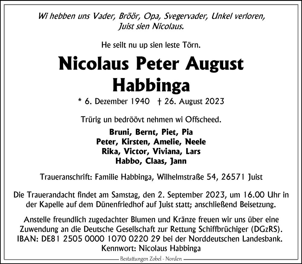  Traueranzeige für Nicolaus Peter August Habbinga vom 31.08.2023 aus Ostfriesischer Kurier