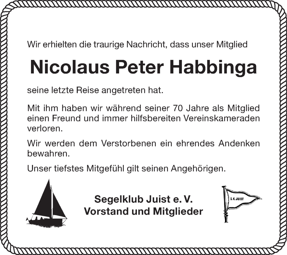  Traueranzeige für Nicolaus Peter August Habbinga vom 31.08.2023 aus Ostfriesischer Kurier