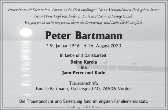 Traueranzeige von Peter Bartmann von Ostfriesischer Kurier