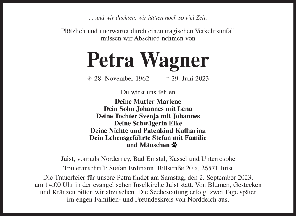  Traueranzeige für Petra Wagner vom 05.08.2023 aus Ostfriesischer Kurier