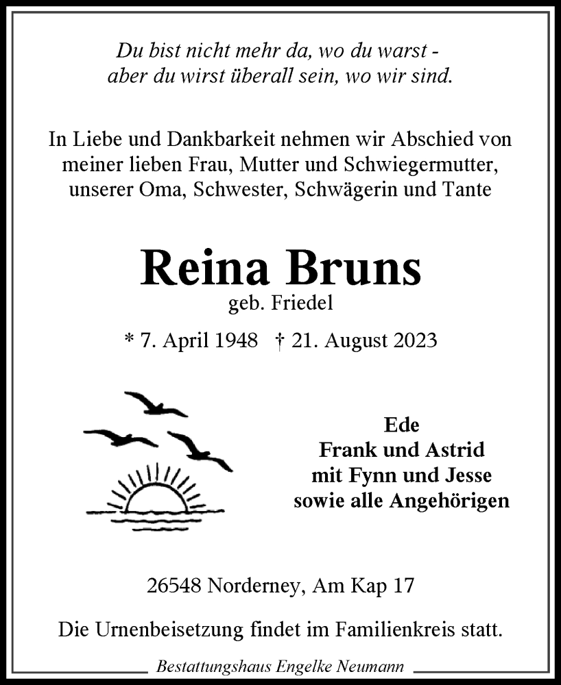  Traueranzeige für Reina Bruns vom 23.08.2023 aus Ostfriesischer Kurier