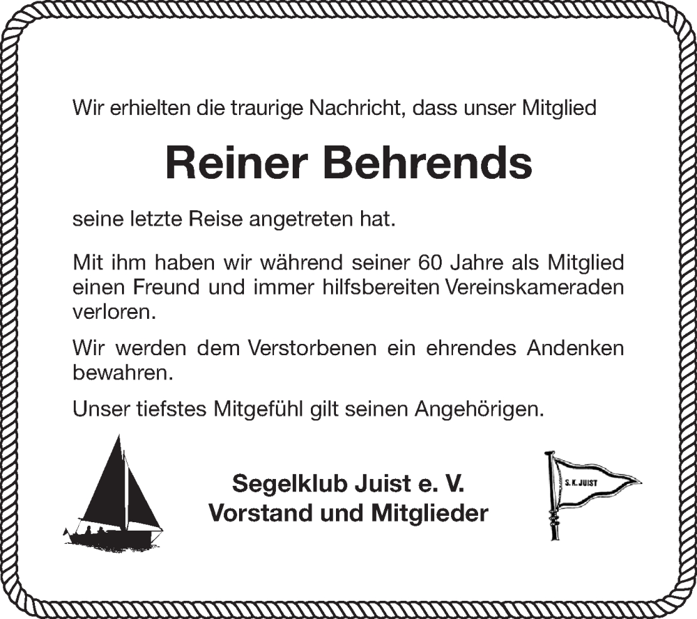  Traueranzeige für Reiner Behrends vom 19.08.2023 aus Ostfriesischer Kurier