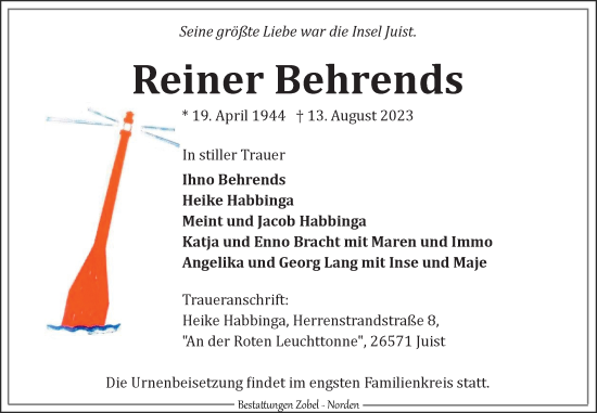 Traueranzeige von Reiner Behrends von Ostfriesischer Kurier