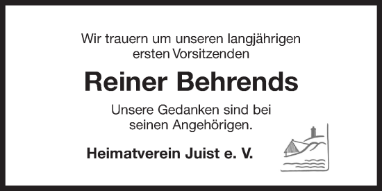 Traueranzeige von Reiner Behrends von Ostfriesischer Kurier
