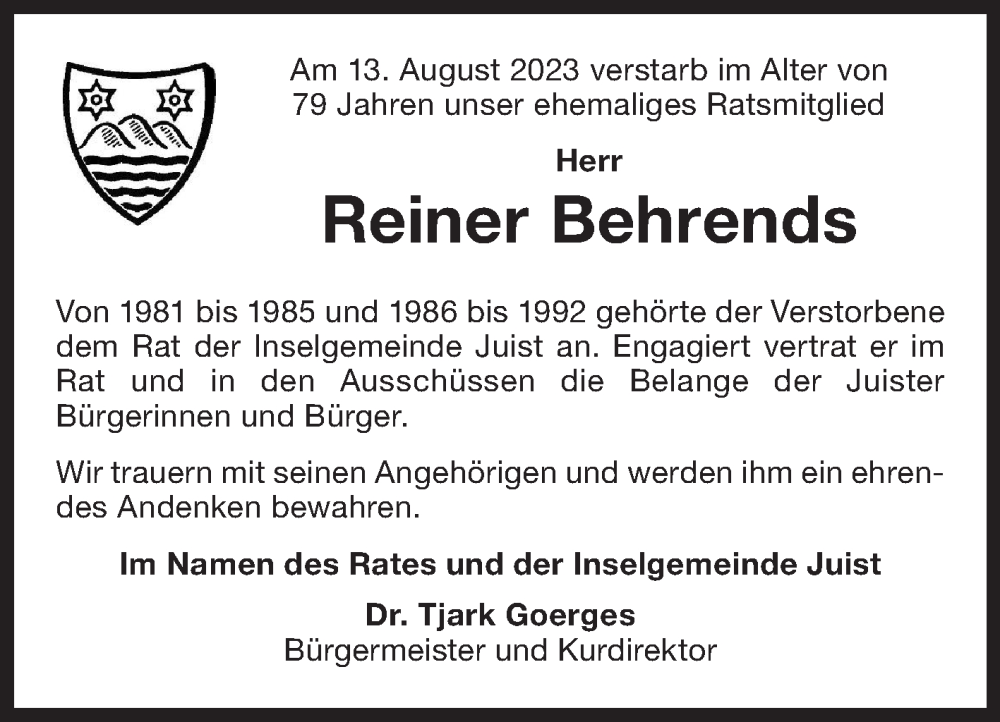  Traueranzeige für Reiner Behrends vom 19.08.2023 aus Ostfriesischer Kurier