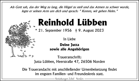 Traueranzeige von Reinhold Lübben von Ostfriesischer Kurier