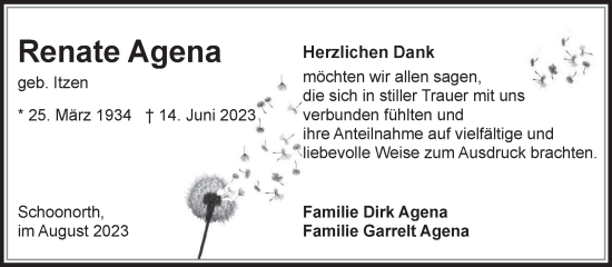 Traueranzeige von Renate Agena von Ostfriesischer Kurier