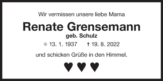 Traueranzeige von Renate Grensemann von Ostfriesischer Kurier