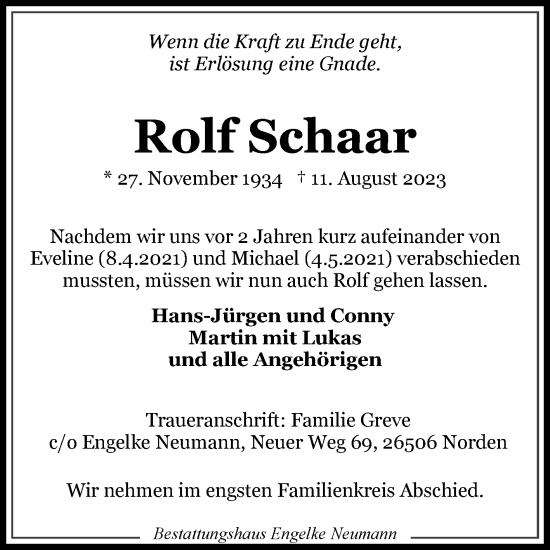 Traueranzeige von Rolf Schaar von Ostfriesischer Kurier