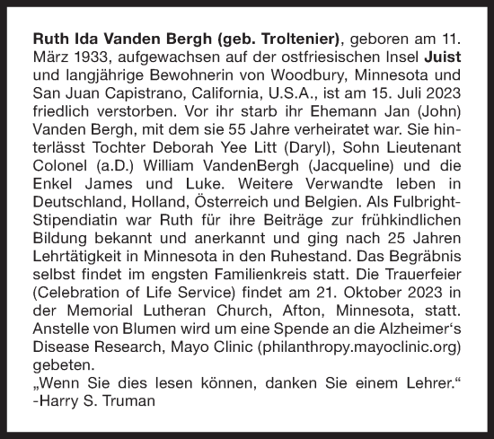 Traueranzeige von Ruth Vanden Bergh von Ostfriesischer Kurier