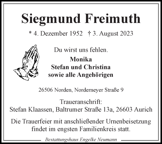 Traueranzeige von Siegmund Freimuth von Ostfriesischer Kurier