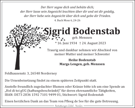 Traueranzeige von Sigrid Bodenstab von Ostfriesischer Kurier
