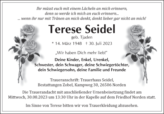 Traueranzeige von Terese Seidel von Ostfriesischer Kurier