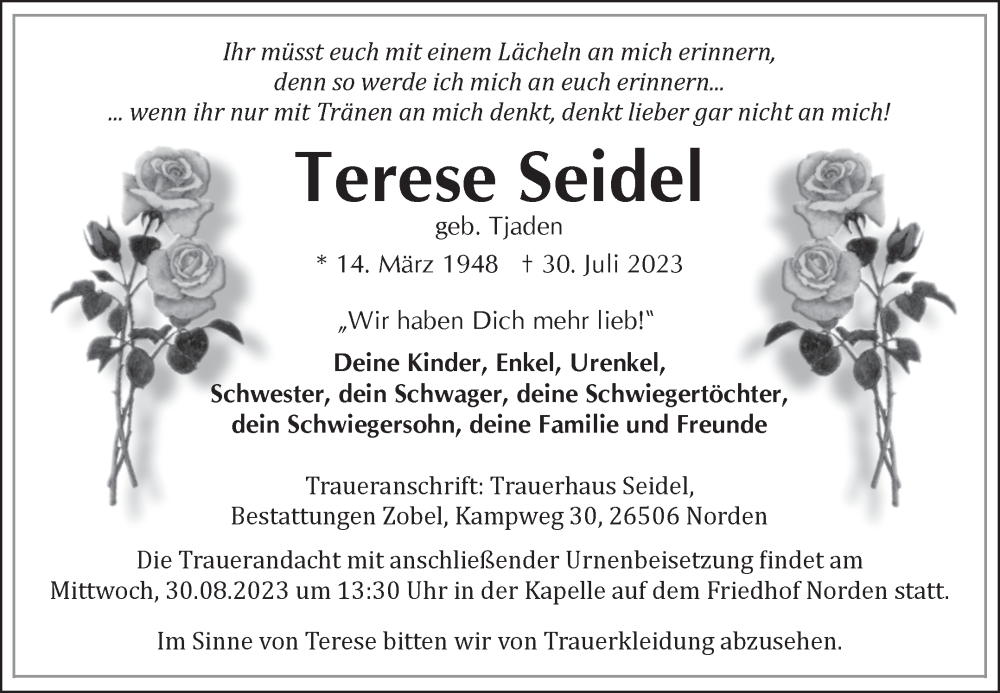  Traueranzeige für Terese Seidel vom 26.08.2023 aus Ostfriesischer Kurier