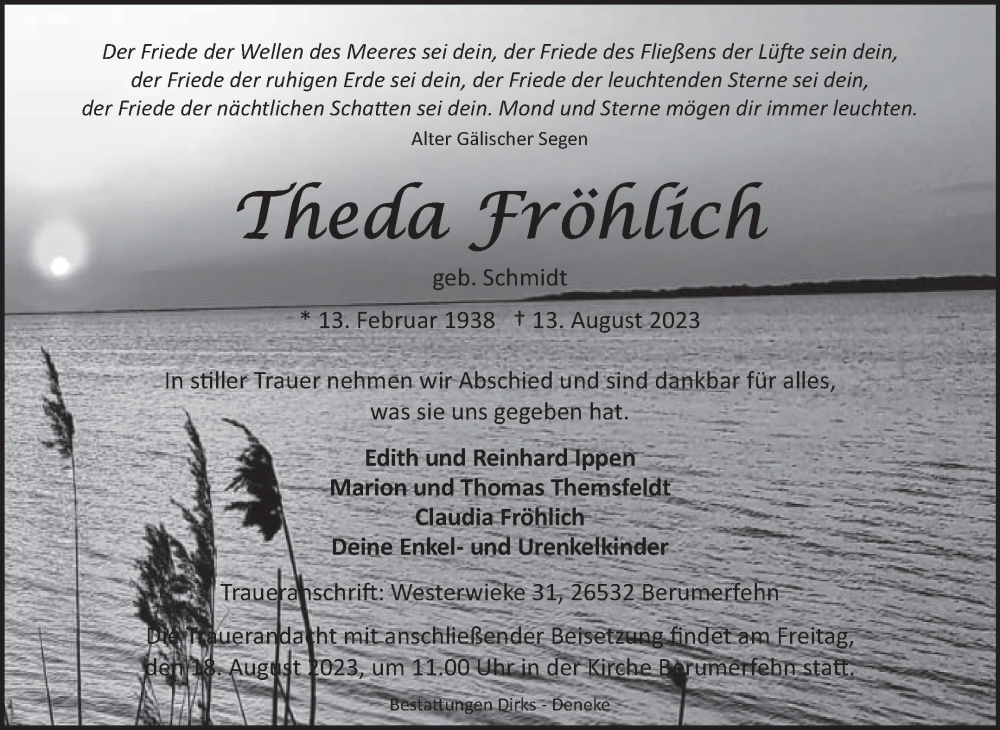  Traueranzeige für Theda Fröhlich vom 15.08.2023 aus Ostfriesischer Kurier