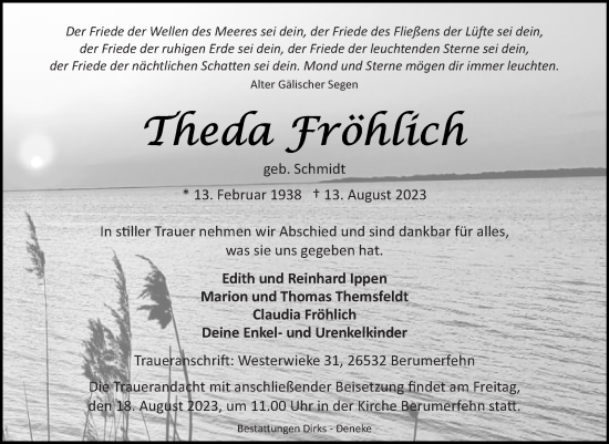 Traueranzeige von Theda Fröhlich von Ostfriesischer Kurier
