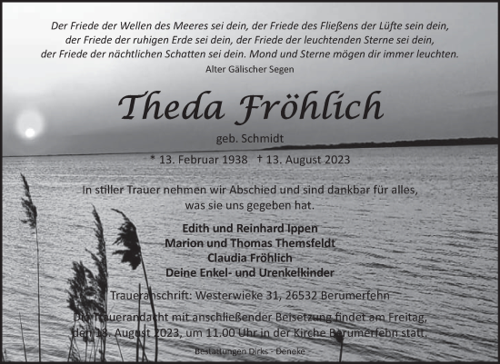 Traueranzeige von Theda Fröhlich von Ostfriesischer Kurier