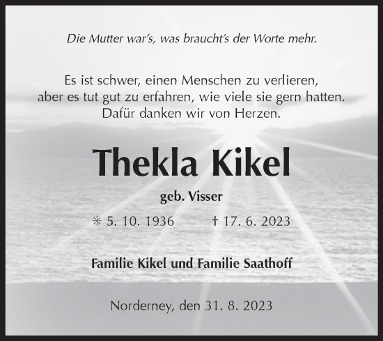 Traueranzeige von Thekla Kikel von Ostfriesischer Kurier