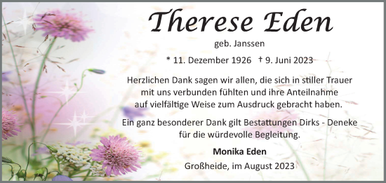 Traueranzeige von Therese Eden von Ostfriesischer Kurier