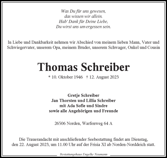 Traueranzeige von Thomas Schreiber von Ostfriesischer Kurier