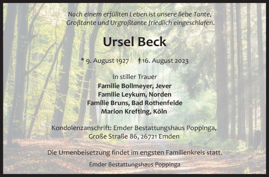 Traueranzeige von Ursel Beck von Ostfriesischer Kurier