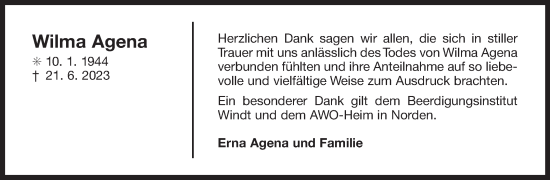 Traueranzeige von Wilma Agena von Ostfriesischer Kurier