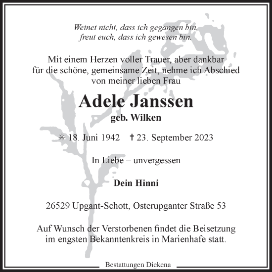 Traueranzeige von Adele Janssen von Ostfriesischer Kurier