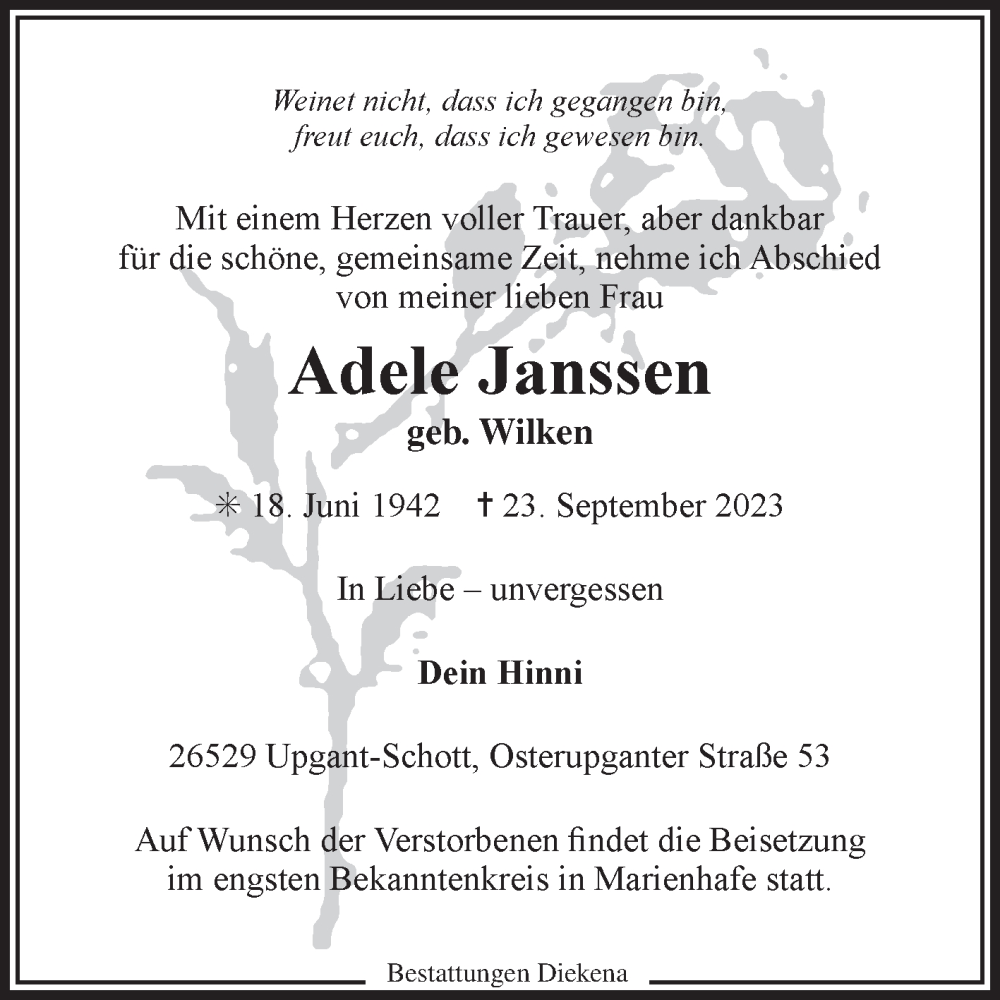  Traueranzeige für Adele Janssen vom 28.09.2023 aus Ostfriesischer Kurier