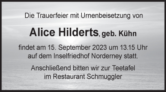 Traueranzeige von Alice Hilderts von Ostfriesischer Kurier