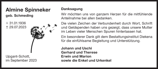 Traueranzeige von Almine Spinneker von Ostfriesischer Kurier