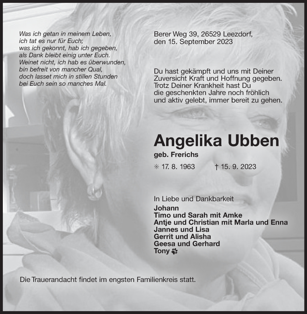  Traueranzeige für Angelika Ubben vom 16.09.2023 aus Ostfriesischer Kurier