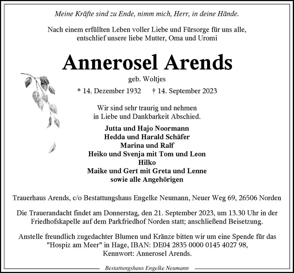  Traueranzeige für Annerosel Arends vom 18.09.2023 aus Ostfriesischer Kurier