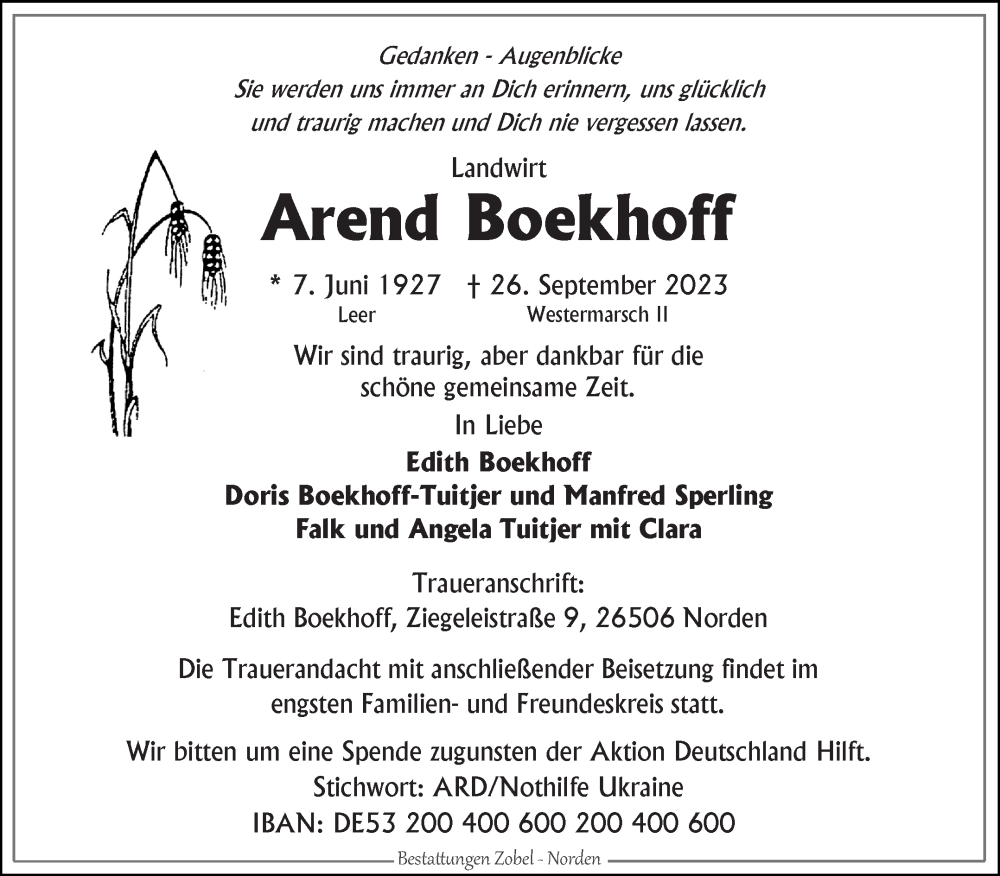  Traueranzeige für Arend Boekhoff vom 30.09.2023 aus Ostfriesischer Kurier