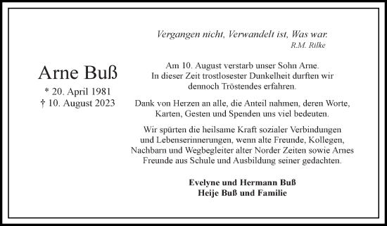 Traueranzeige von Arne Buß von Ostfriesischer Kurier