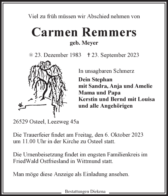 Traueranzeige von Carmen Remmers von Ostfriesischer Kurier