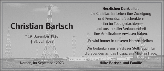 Traueranzeige von Christian Bartsch von Ostfriesischer Kurier