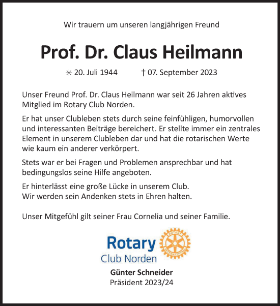 Traueranzeige von Claus Heilmann von Ostfriesischer Kurier