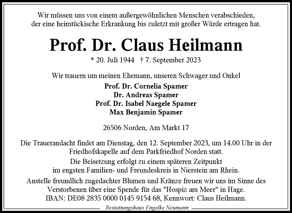  Traueranzeige für Claus Heilmann vom 09.09.2023 aus Ostfriesischer Kurier