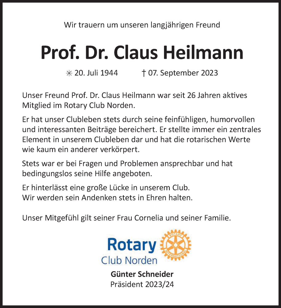  Traueranzeige für Claus Heilmann vom 11.09.2023 aus Ostfriesischer Kurier