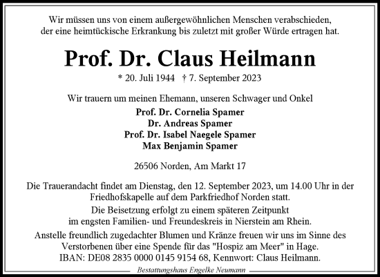 Traueranzeige von Claus Heilmann von Ostfriesischer Kurier